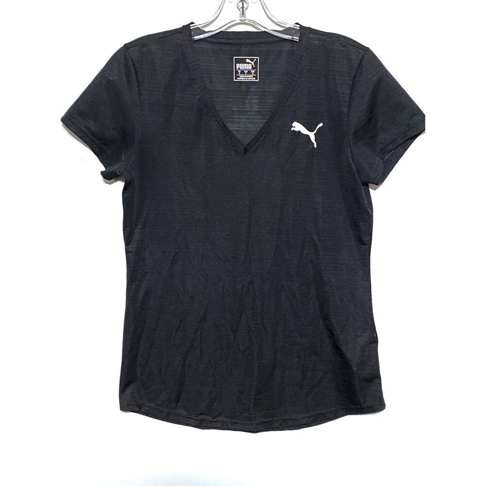 Puma Logo Black V Neck Shirt Womens S Athletic Athleisure Sporty Casual Active